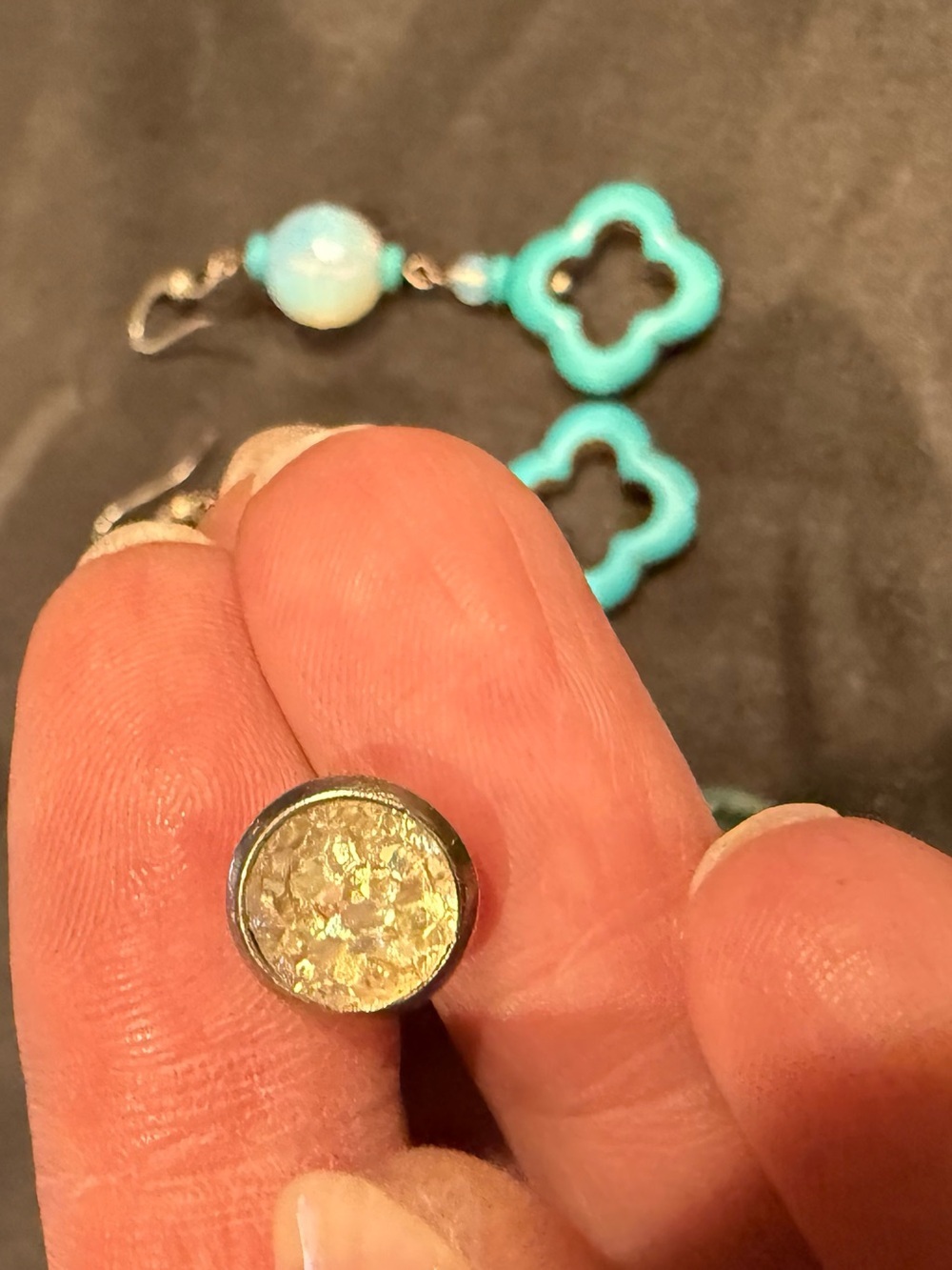 3 Pairs Earrings Druzy Quartz Studs + Blue Topaz Crystal Drops +Turquoise Clover - Picture 11 of 13